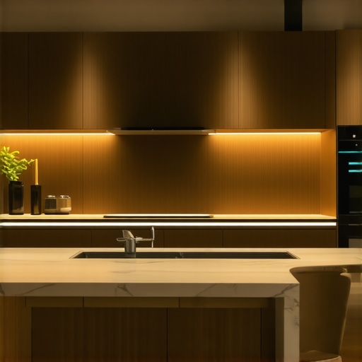 Interior of a modern kitchen featuring a sophisticated LED lighting control panel