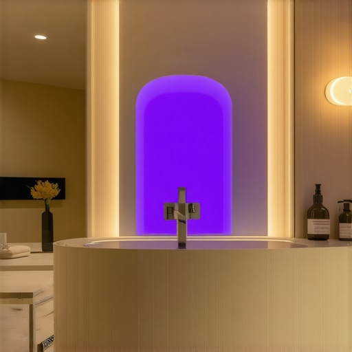 Contemporary bathroom showing layered LED lighting and artistic fixtures