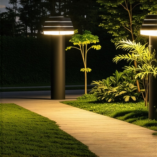Futuristic outdoor lights made of recycled materials with solar panels in a lush garden.