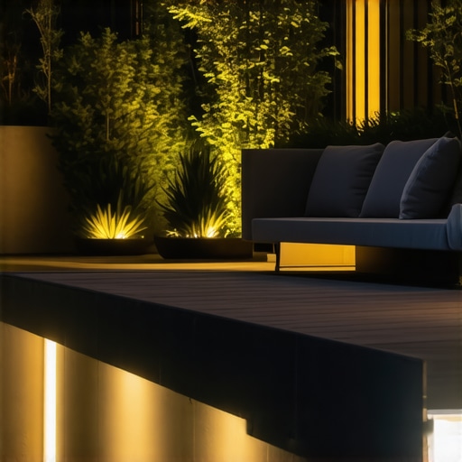 Eco-Friendly Modern Outdoor Lighting Eco-friendly outdoor lighting setup featuring LED strips and solar panels at dusk.