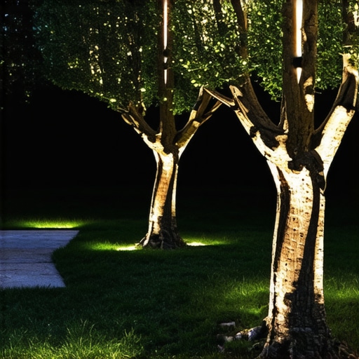 Modern outdoor lighting fixtures combined with natural materials creating a warm garden atmosphere.