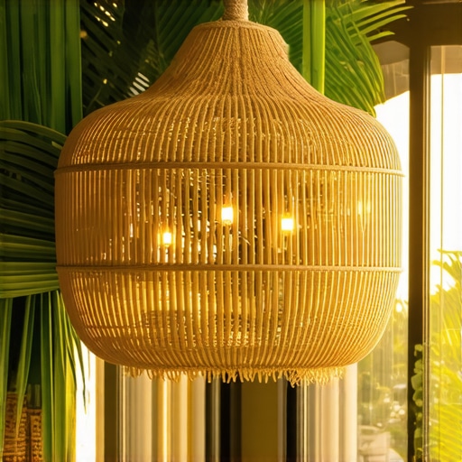 A sophisticated rattan chandelier illuminating a tropical-style living room with natural textures.