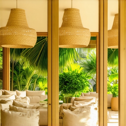 Living room with tropical rattan chandeliers and natural decor