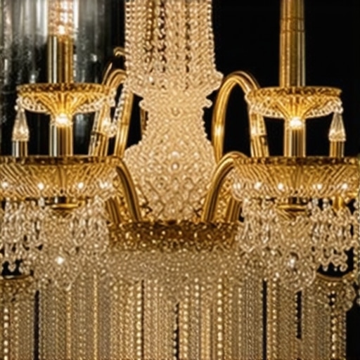 Close-up of a vintage chandelier showcasing detailed gold craftsmanship