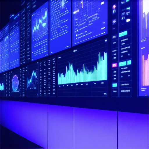 Futuristic LED control interface High-tech control room with holographic LED lighting dashboards