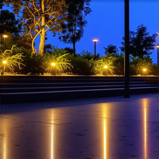 A modern garden illuminated with smart LED landscape lighting at night