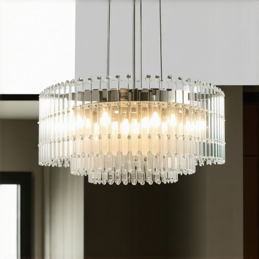 A sleek, modern chandelier featuring glass and metal materials hanging in a minimalist living room