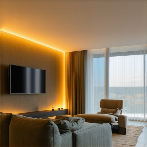 Futuristic Smart Lighting System Advanced smart lighting setup with remote control in a contemporary interior