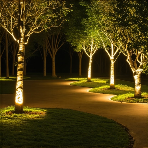 Modern outdoor lighting system with sensors and natural materials.