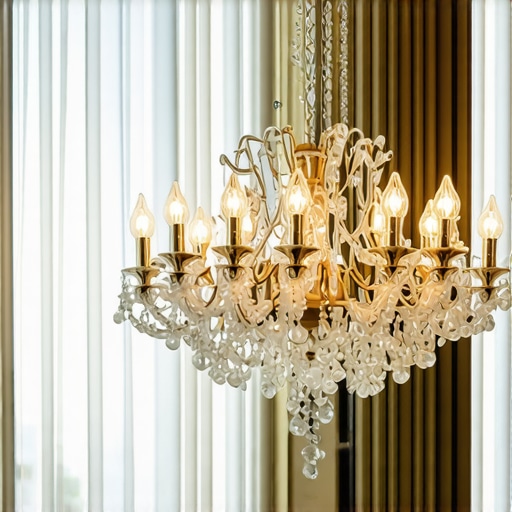 Luxury living room combining vintage chandelier with modern LED lighting