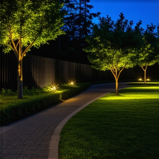 Outdoor lighting system with sensors and LED fixtures illuminating a garden