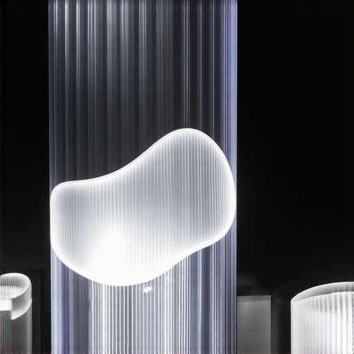 Exterior lighting design featuring textured glass panels and organic-shaped luminaires illuminating building surfaces.