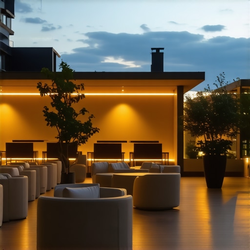 Luksuzna terasa s diskretnom rasvjetom za vrhunski ambijent Moderna terasa s LED osvjetljenjem i elegantnim namještajem