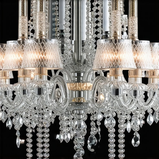 Close-up of a detailed crystal chandelier with intricate cuts and sparkling lights.