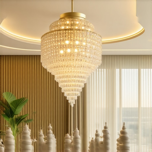 Elegant living room with crystal chandeliers, brass accents, and LED lighting.