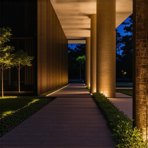 Night landscape with modern LED outdoor lighting emphasizing architectural details.