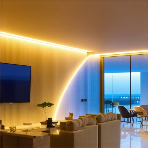 Personalized Artistic Lighting in Contemporary Space Stylish living room featuring customized LED lights and art-inspired fixtures