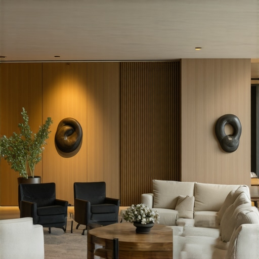 A stylish living room showcasing innovative and artistic lighting elements with natural materials