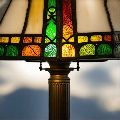 Close-up of antique stained glass lamp with bronze decorations