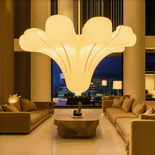 Luxurious living room featuring a large sculptural lighting fixture as a central element.