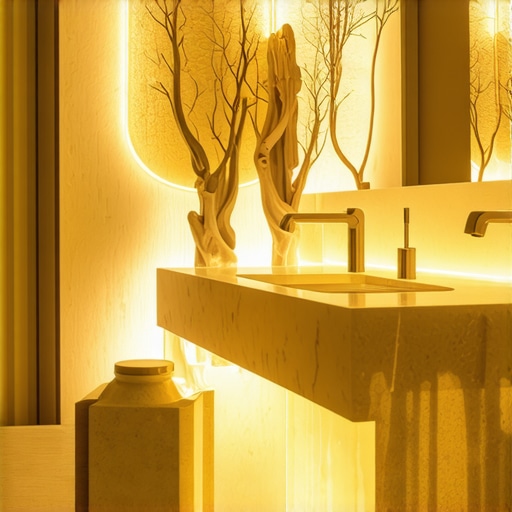 Elegantna kupaonica s unikatnom skulpturalnom rasvjetom istaknuta u minimalističkom dizajnu