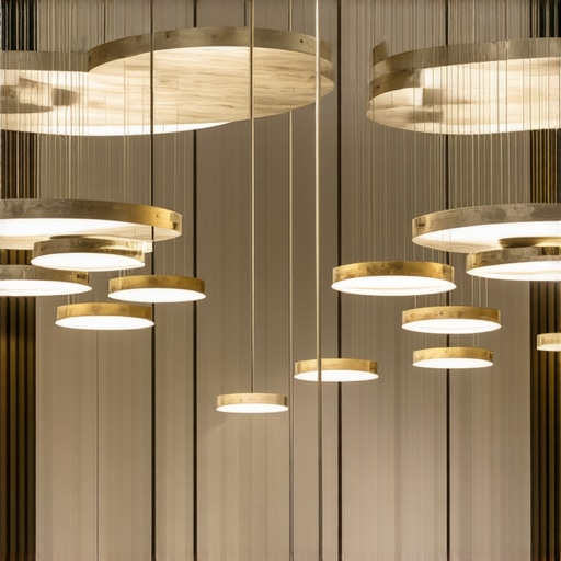 Interior of a spacious room with high ceilings and artistic lighting fixtures