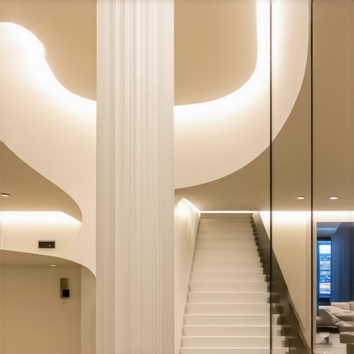 Interior space showcasing layered LED lighting, skulptural lamps, and smart lighting controls