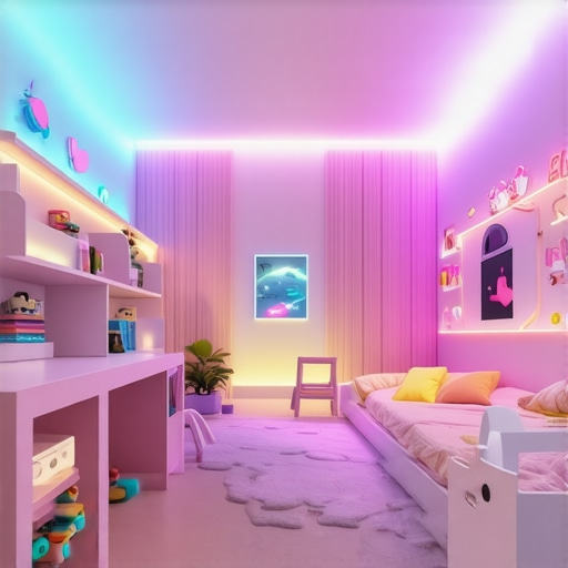Smart Children's Room Lighting System Modern children's room illuminated by adaptable smart lighting with colorful LED strips