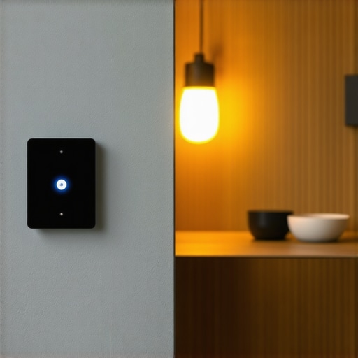 Illustration of an advanced intelligent lighting system with sensors and control panel in a modern interior