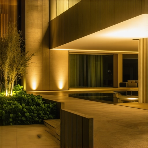 Exterior lighting showing layered LED lights on architecture with landscape background