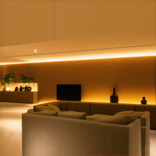 Living room illuminated with multi-layered LED lighting showcasing texture and ambiance