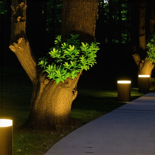 Završni izgled moderne vrtne rasvjete kroz prirodne teksture Outdoor garden lighting design featuring natural textures and advanced LED technology
