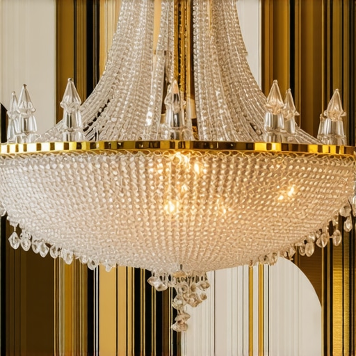 Interior with vintage crystal chandelier, natural textures, and biofilic lighting for a harmonious space.