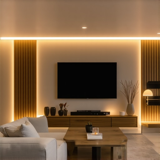 Contemporary living room with innovative smart lighting controls and multicolor LED strips.